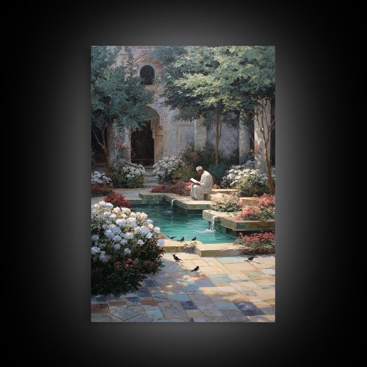 Serene Islamic Courtyard With Reflective Pool And Reading Man Oriental Framed Canvas Print Elegant Wall Art For Sophisticated Home