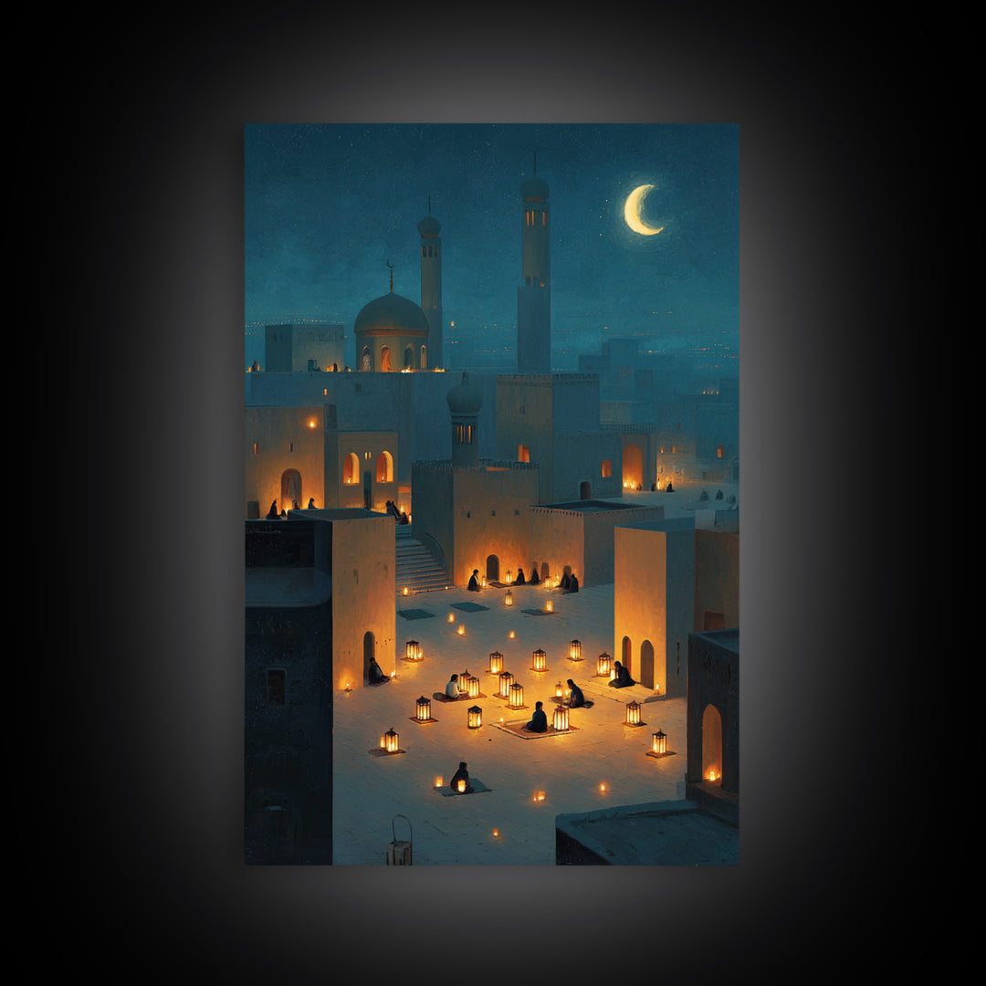 Peaceful Lantern Lit Desert Scene With Blue Twilight Desert Night Wall Art Framed Canvas Print For Bedroom