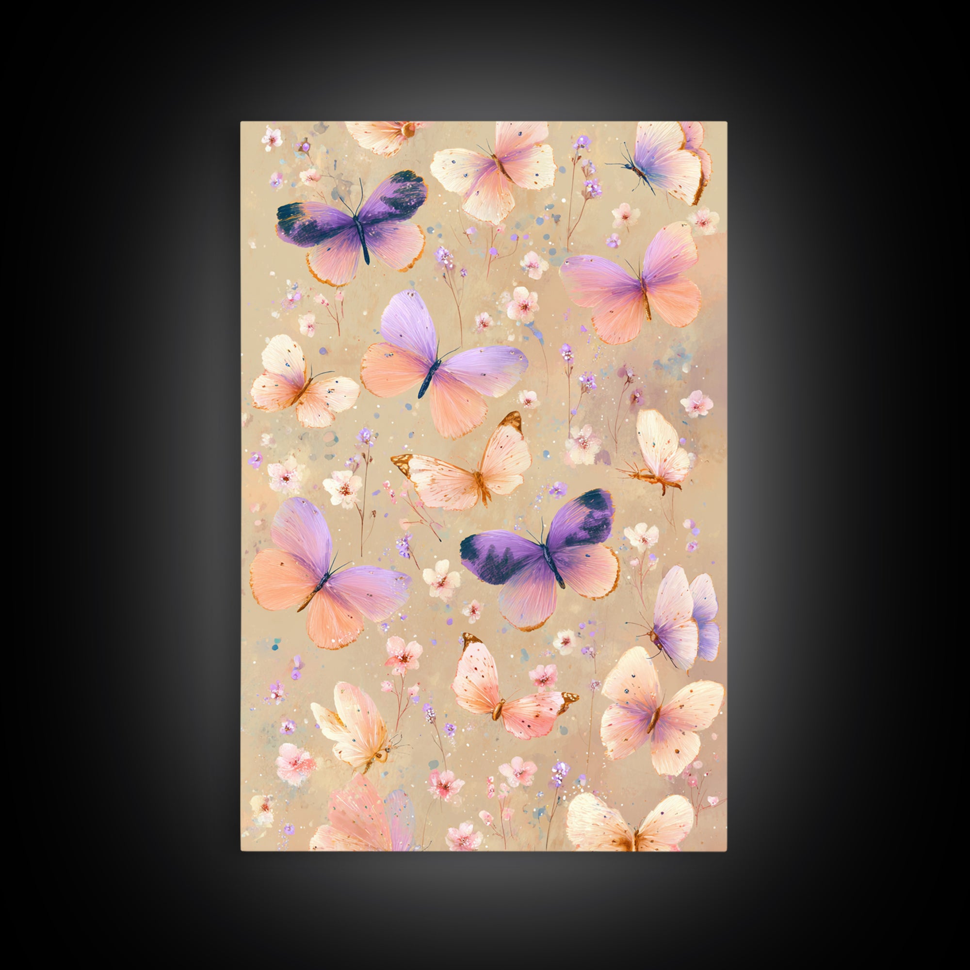 Pastel Butterflies And Wildflowers On Beige Canvas Print, Whimsical Wall Art, Girls Room Decor, Colorful Nursery Art Gift