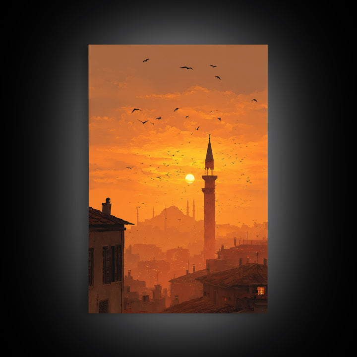 Golden Hour Sunset Over Cityscape With Birds Flying Wall Art Canvas Print For Warm Home Decor And Relaxing Living Room