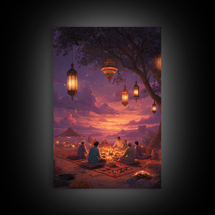Illustrated Lanterns Night Scene Moroccan Style Wall Art Boho Home Decor Framed Canvas Print