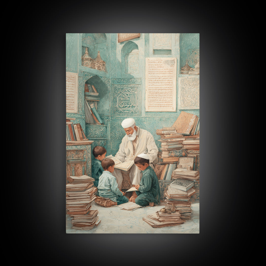 Traditional Islamic Learning Scene With Elderly Teacher And Students Wall Art Framed Canvas Print For Home Decor