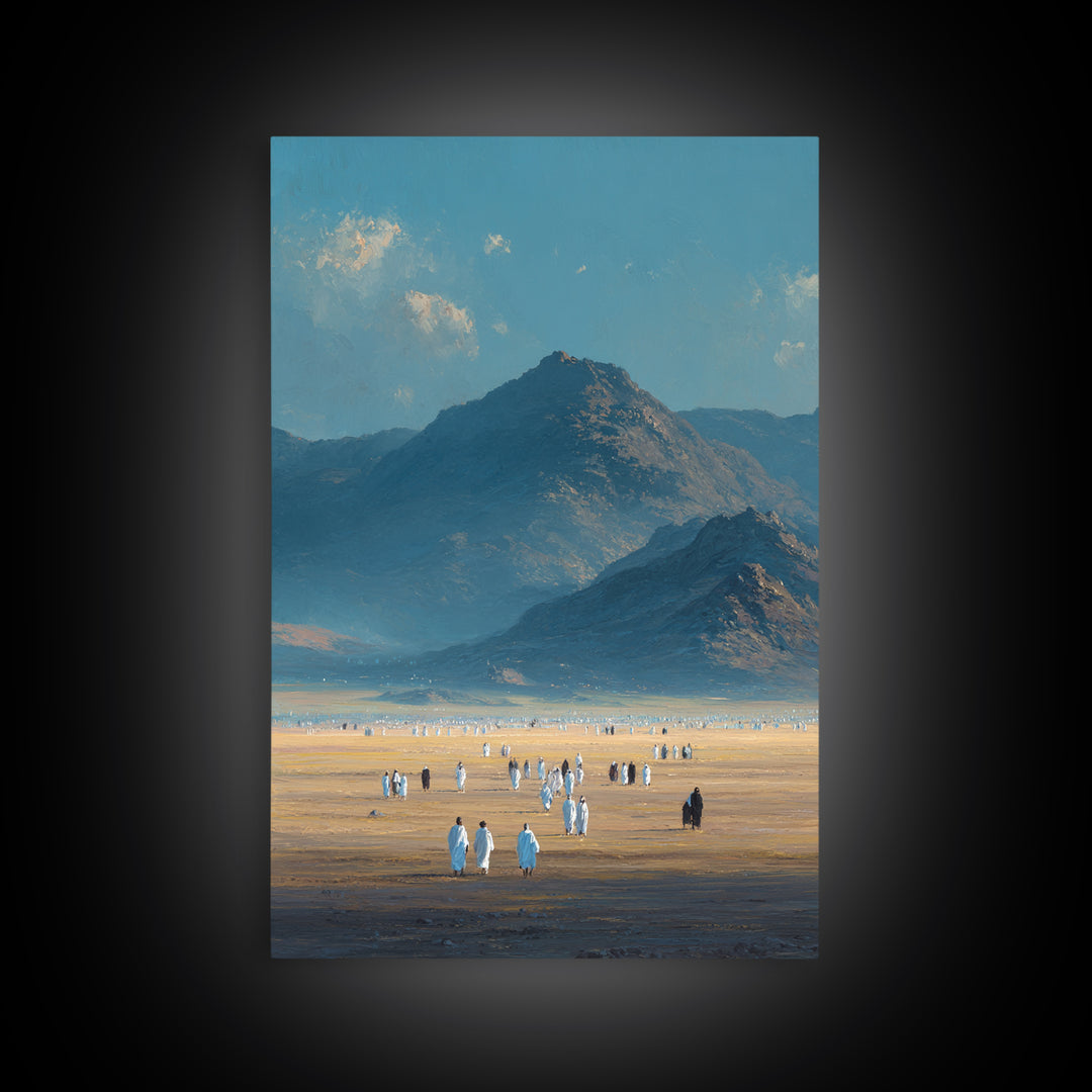 Expansive Desert Landscape With People Traveling Artistic Wall Art Framed Canvas Print For Minimalist Rustic Home Decor