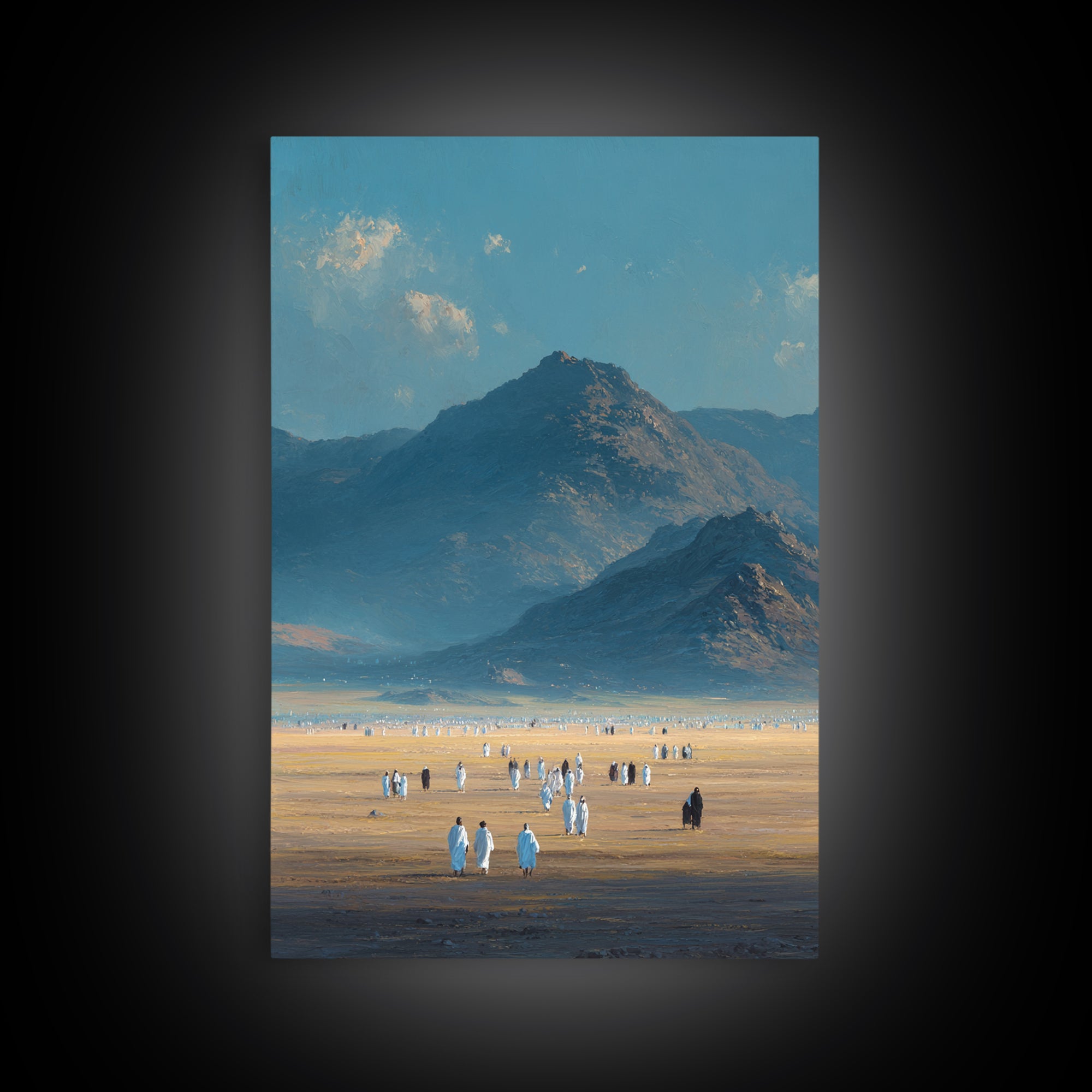 Expansive Desert Landscape With People Traveling Artistic Wall Art Framed Canvas Print For Minimalist Rustic Home Decor