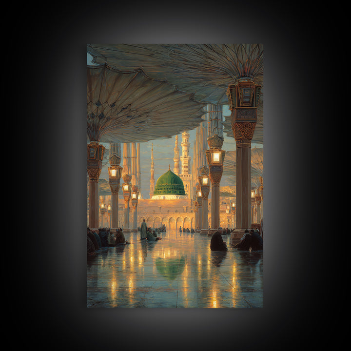 Historic Mosque Interior Painting With Ornate Architecture And Worshippers Canvas Print Wall Art For Spiritual Home Decor