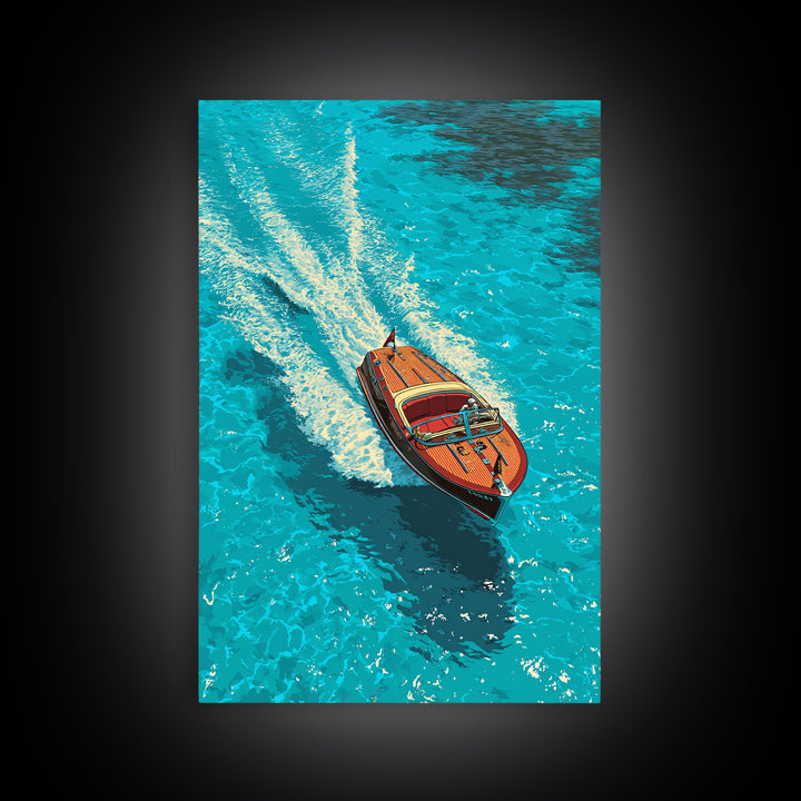 Classic Wooden Speedboat Zooming Through Deep Blue Water - Vibrant Canvas Print For Coastal Wall Art