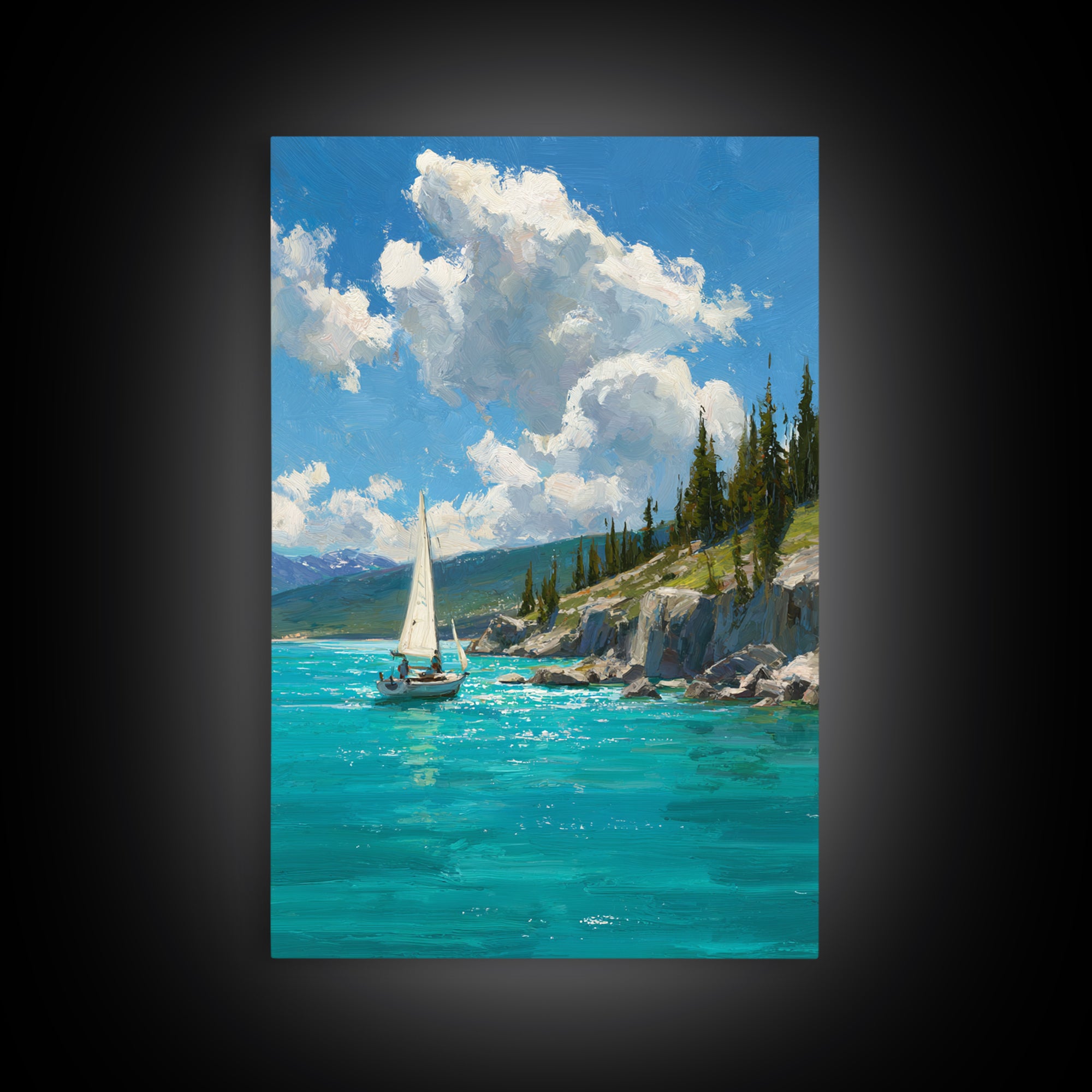 Serene Mountain Lake Sailing Scene Oil Painting Canvas Print For Calm Living Room Decor And Nautical Wall Art
