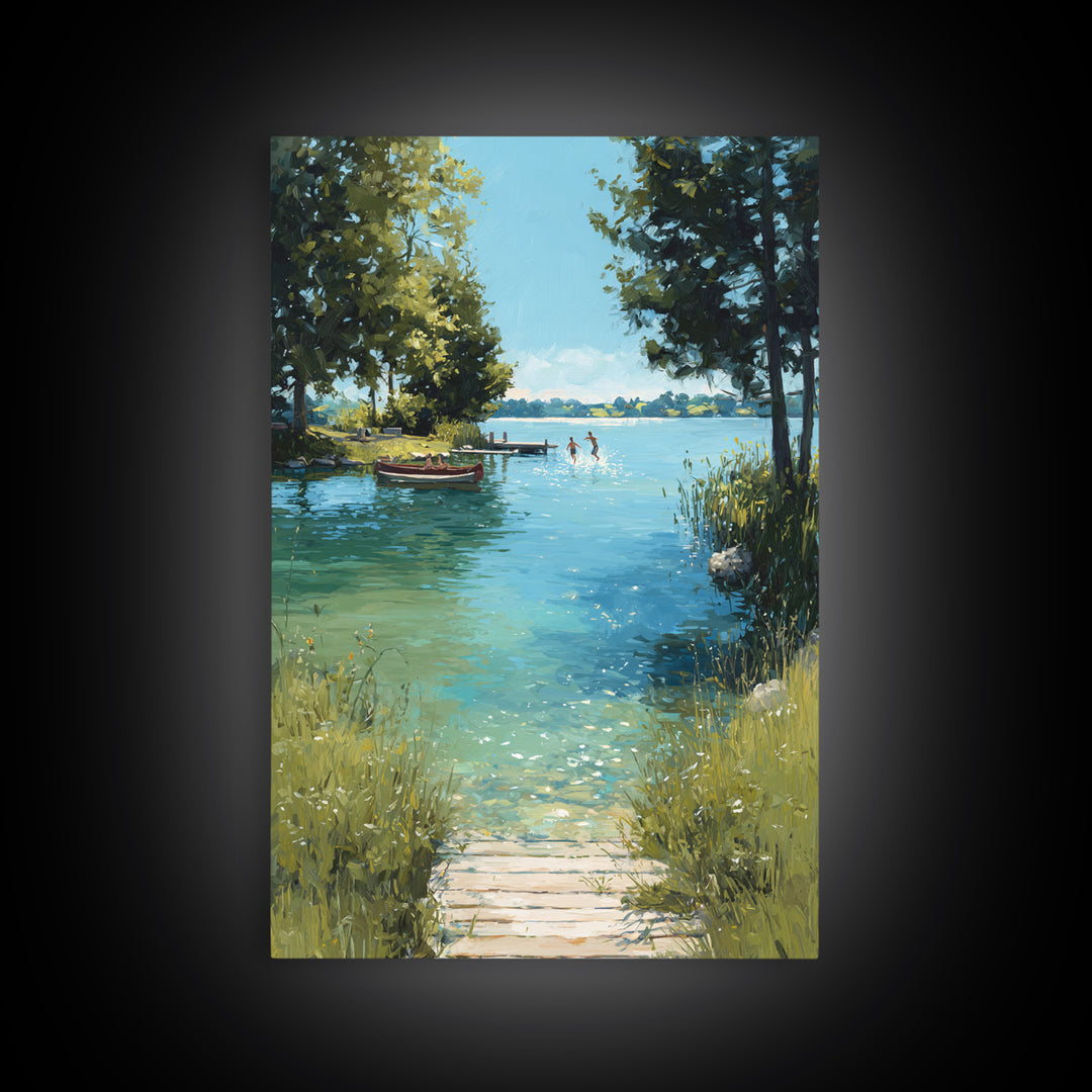 Peaceful Summer Lake Scene With Canoe And Children Splashing Wall Art Serene Landscape Framed Canvas Print Nature Decor