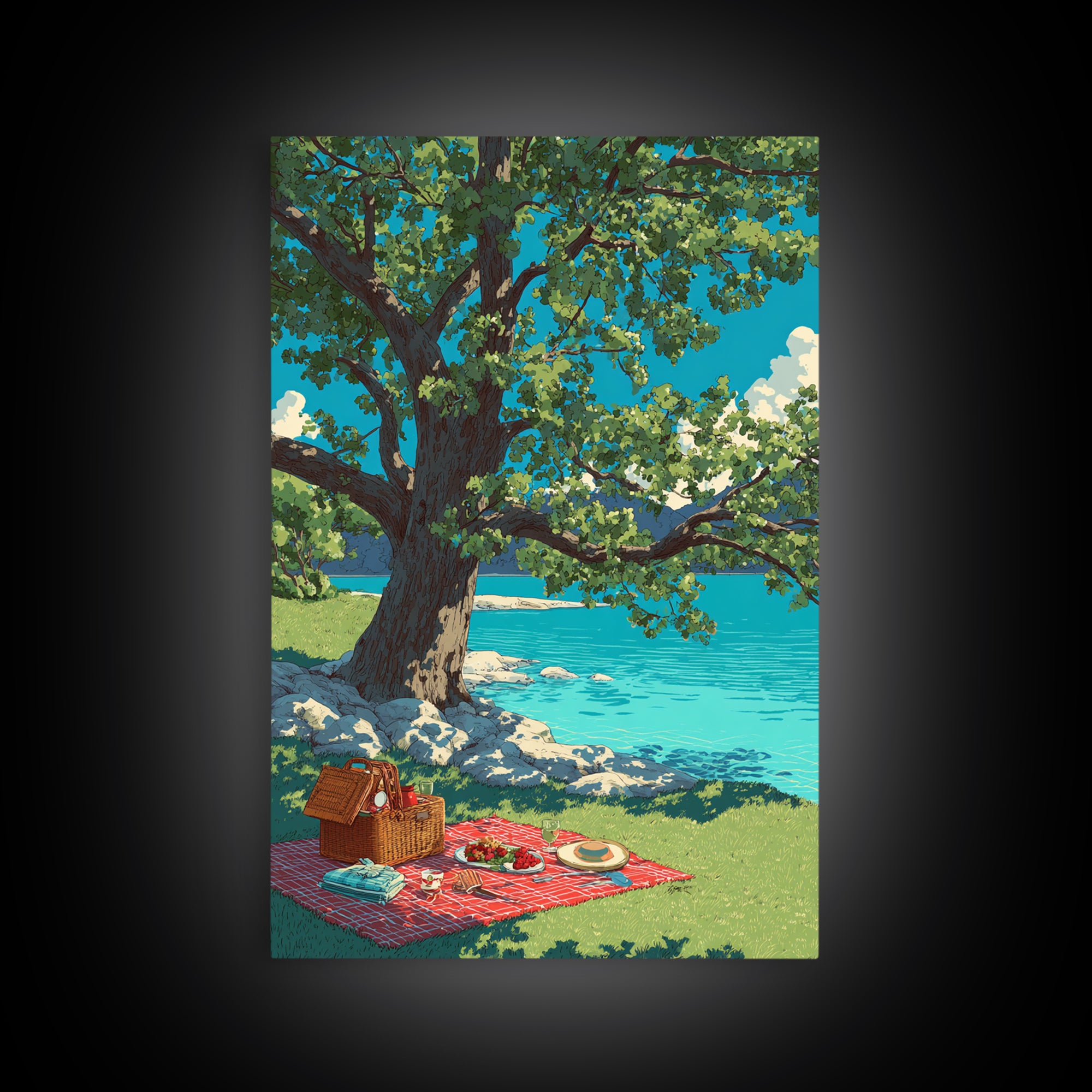 Peaceful Picnic Beside Lake With Oak Tree And Bright Blue Water Canvas Print Modern Wall Art For Living Room
