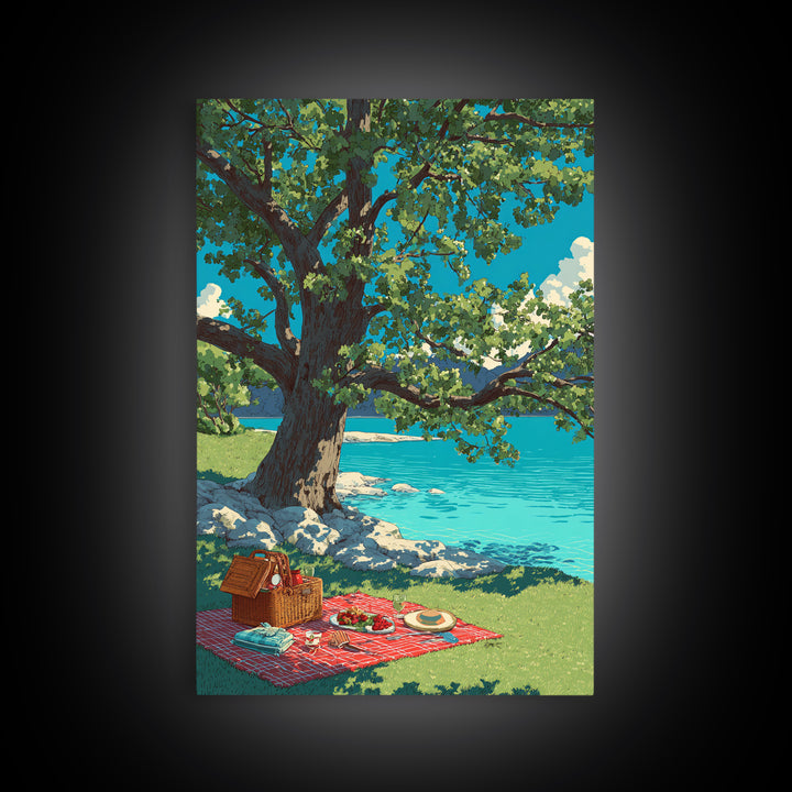 Peaceful Picnic Beside Lake With Oak Tree And Bright Blue Water Canvas Print Modern Wall Art For Living Room