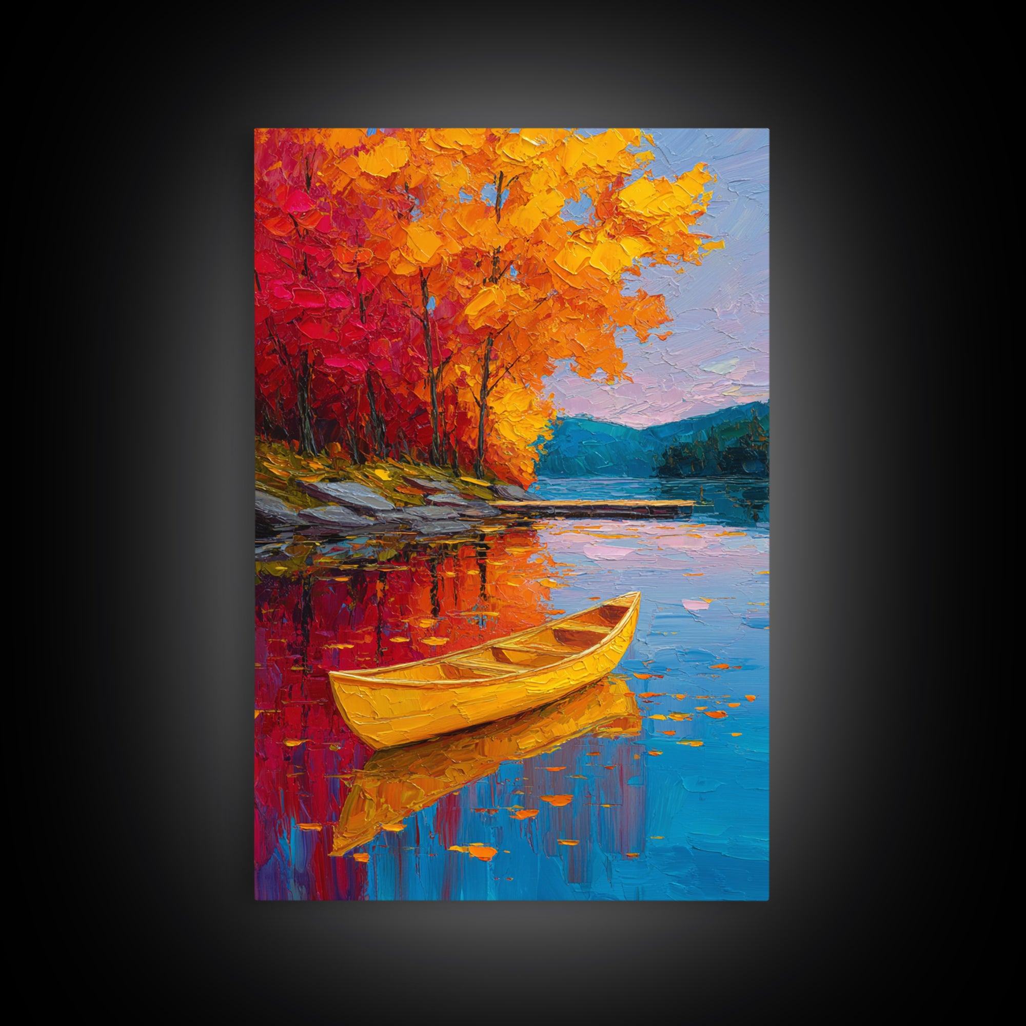 Vibrant Autumn Lake Scene With Yellow Canoe And Colorful Trees Wall Art Framed Canvas Print Fall Landscape Home Decor
