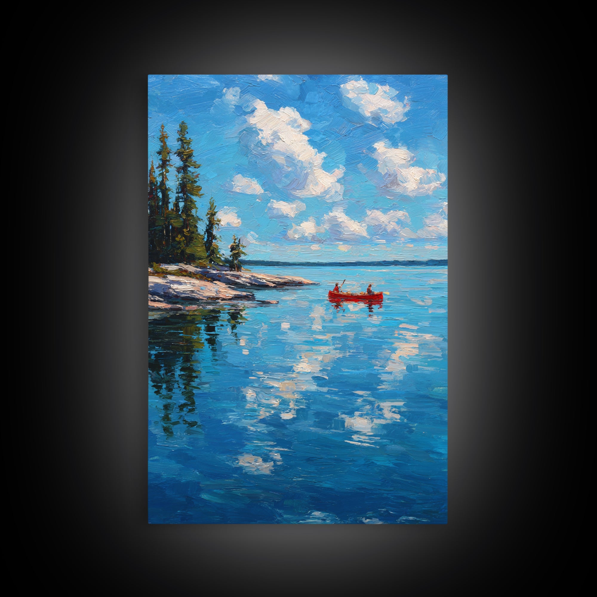 Pristine Lake Scene With Canoe And Pine Trees Under Blue Sky Captured In Classic Impasto Oil Painting