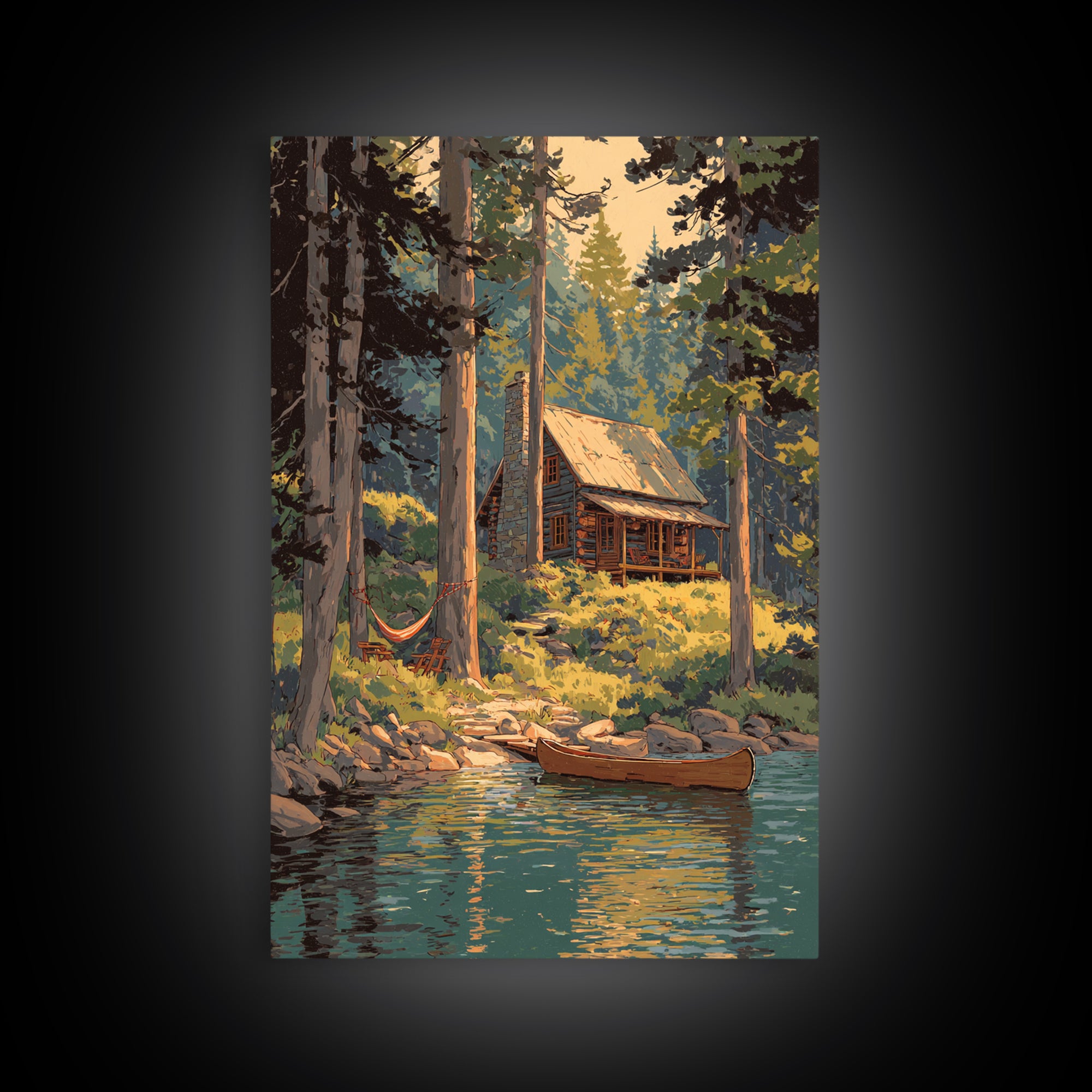Cozy Log Cabin In Forest Landscape Painting Wall Art Boho Rustic Canvas Print For Cabin And Farmhouse Home Decor