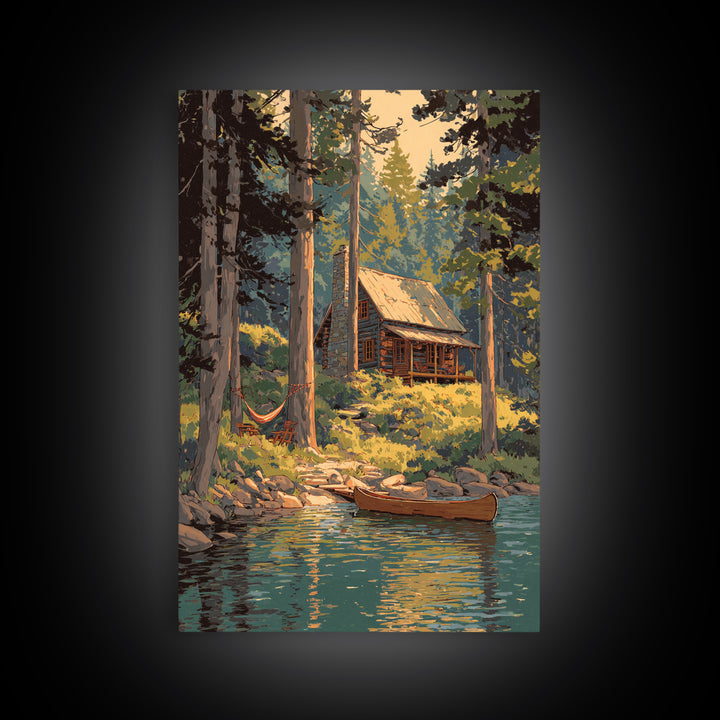 Cozy Log Cabin In Forest Landscape Painting Wall Art Boho Rustic Canvas Print For Cabin And Farmhouse Home Decor