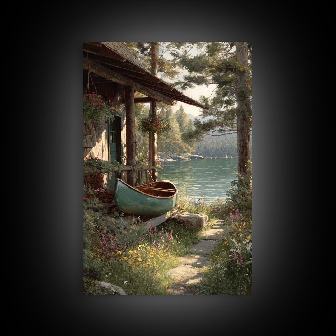 Peaceful Lakeside Cabin With Canoe Surrounded By Wildflowers Wall Art Framed Canvas Print For Rustic Home Decor
