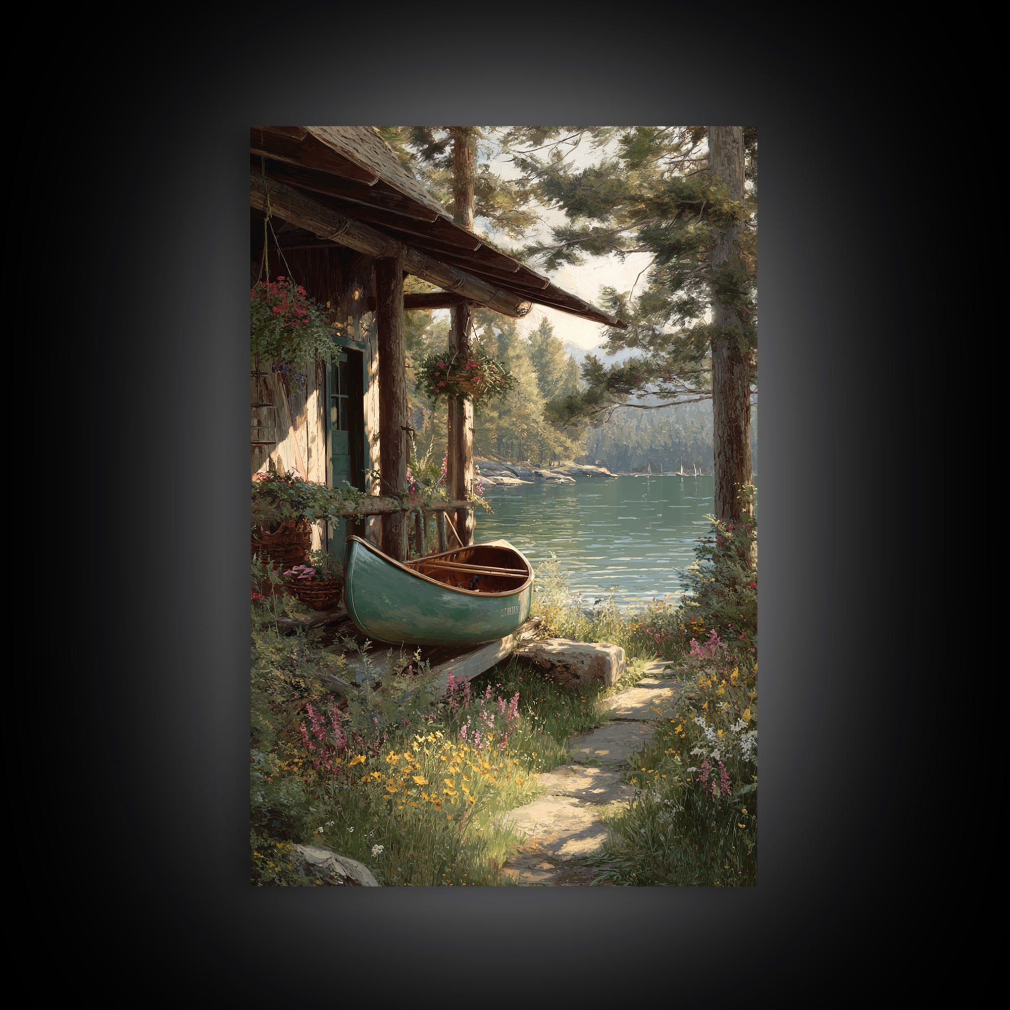 Peaceful Lakeside Cabin With Canoe Surrounded By Wildflowers Wall Art Framed Canvas Print For Rustic Home Decor