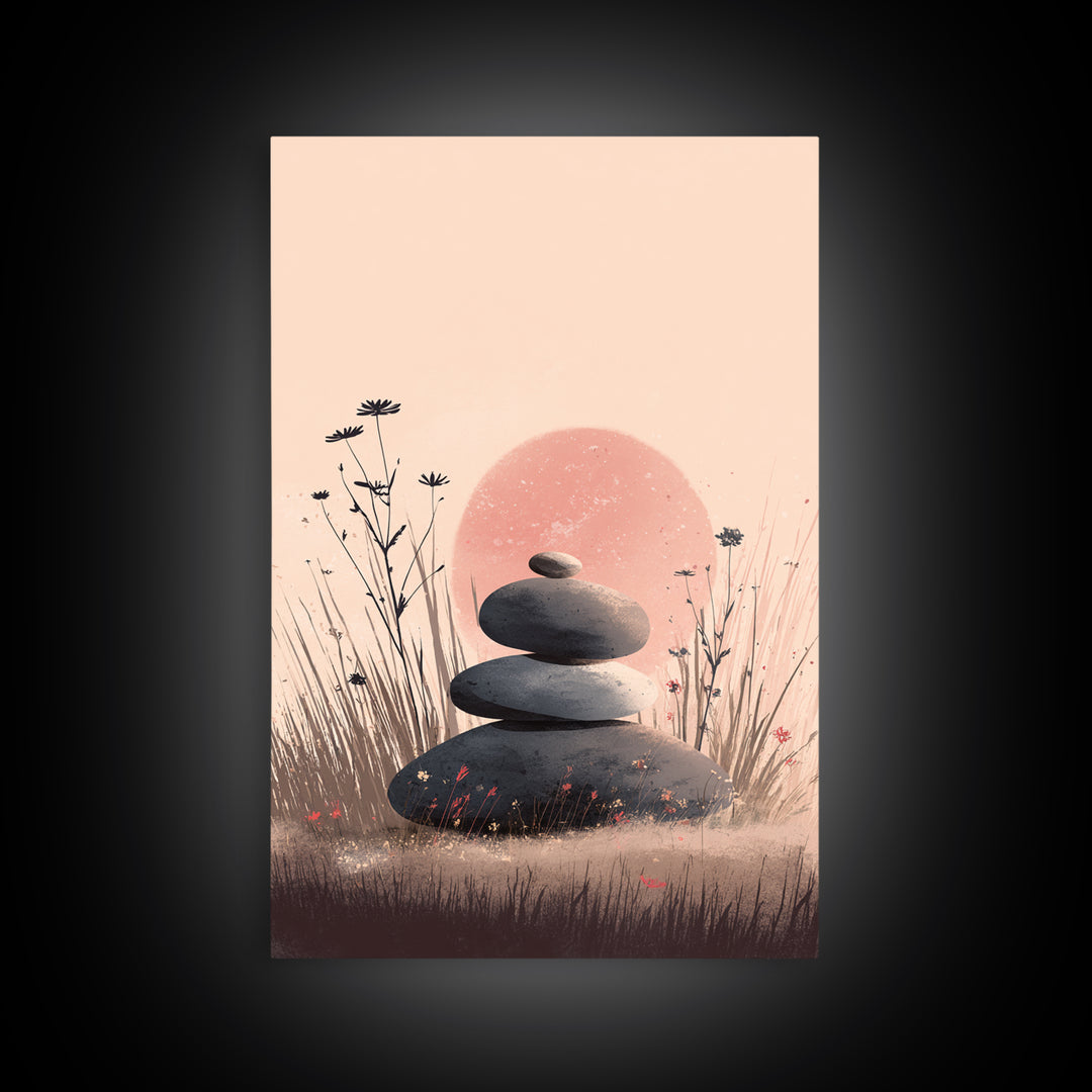 Stacked Zen Stones In Blush Grass Framed Canvas Print, Meditation Wall Art, Spa Wall Decor, Calming Minimalist Art, Peaceful Home Decor