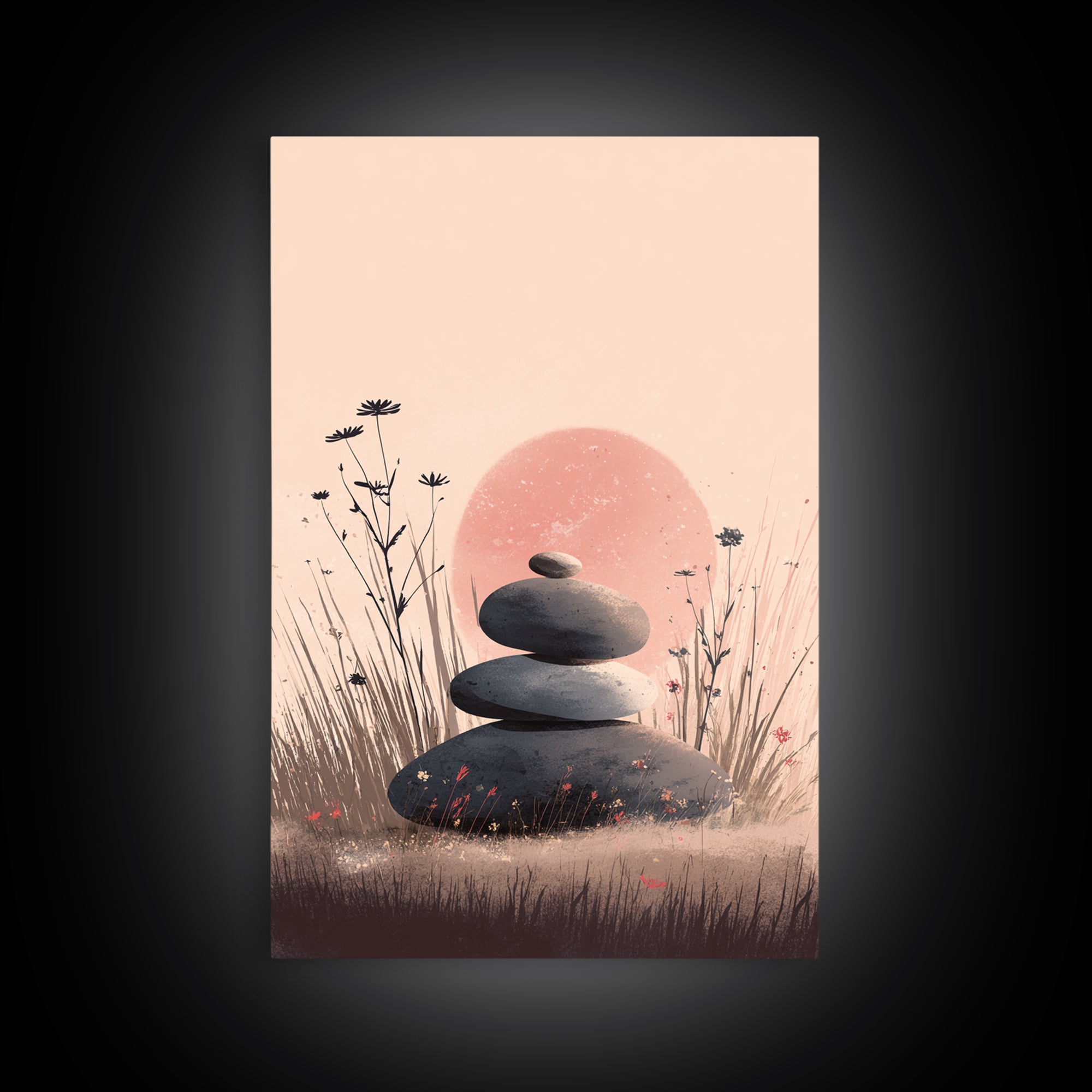 Stacked Zen Stones In Blush Grass Framed Canvas Print, Meditation Wall Art, Spa Wall Decor, Calming Minimalist Art, Peaceful Home Decor