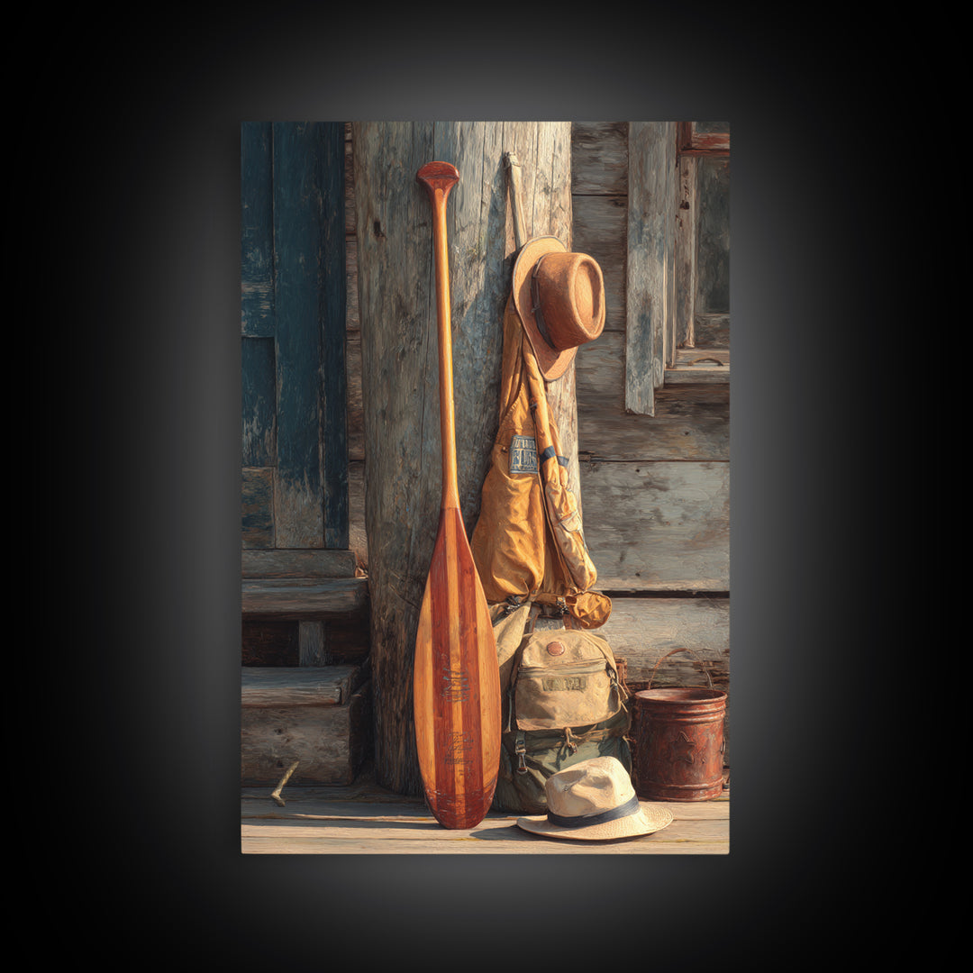 Rustic Outdoorsy Still Life With Wood Paddle, Hiking Gear, And Hats Vintage Style Canvas Print For Cabin