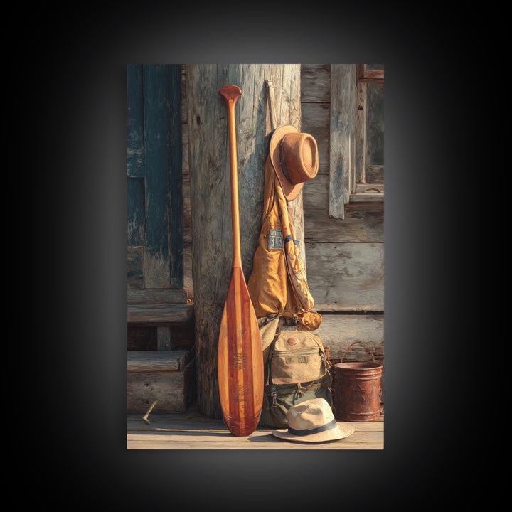 Rustic Outdoorsy Still Life With Wood Paddle, Hiking Gear, And Hats Vintage Style Canvas Print For Cabin