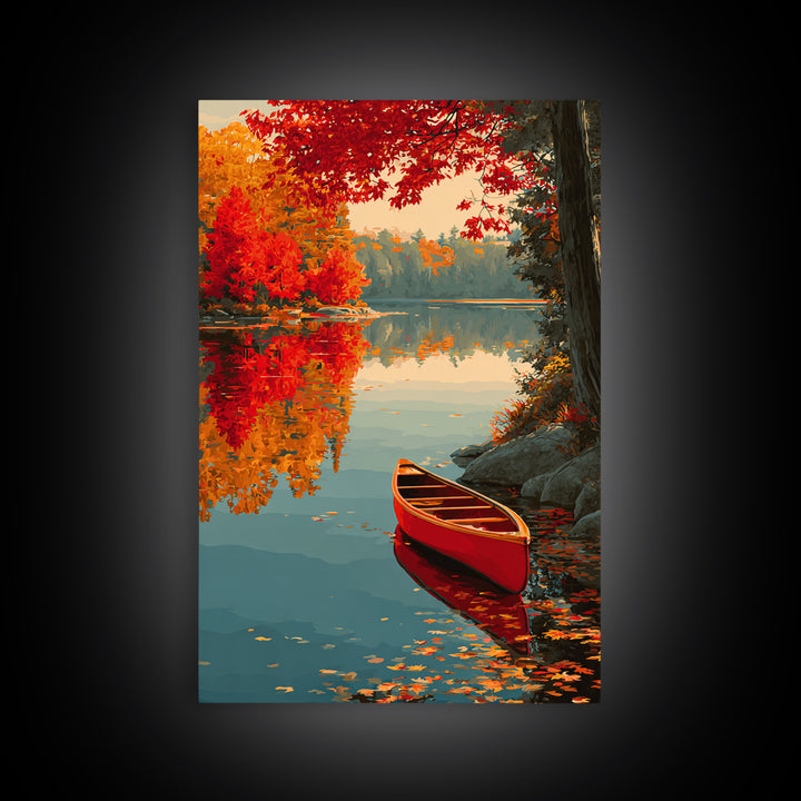 Red Autumn Maple Trees By Calm Lake With Canoe Scenic Painting Wall Art Framed Canvas Print For Home
