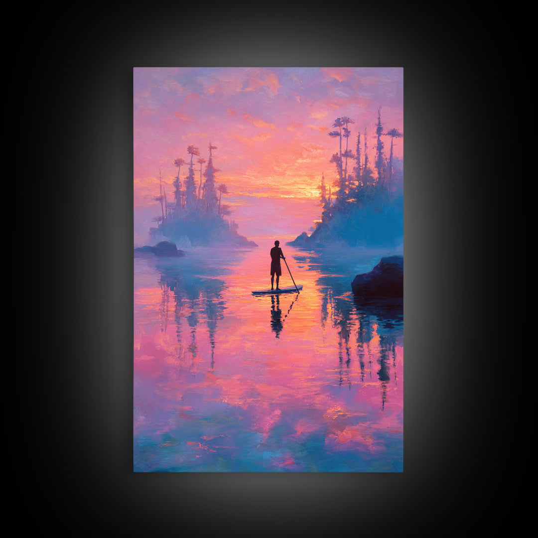 Sunset Paddleboarder On Calm Water Pink And Purple Sky Landscape Wall Art Canvas Print For Tranquil Bedroom And Living Room