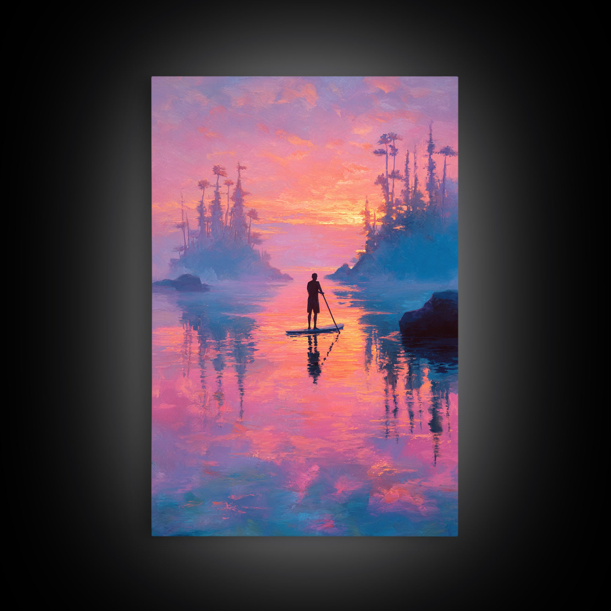 Sunset Paddleboarder On Calm Water Pink And Purple Sky Landscape Wall Art Canvas Print For Tranquil Bedroom And Living Room