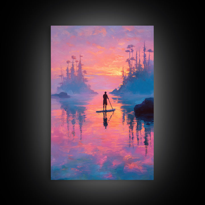 Sunset Paddleboarder On Calm Water Pink And Purple Sky Landscape Wall Art Canvas Print For Tranquil Bedroom And Living Room