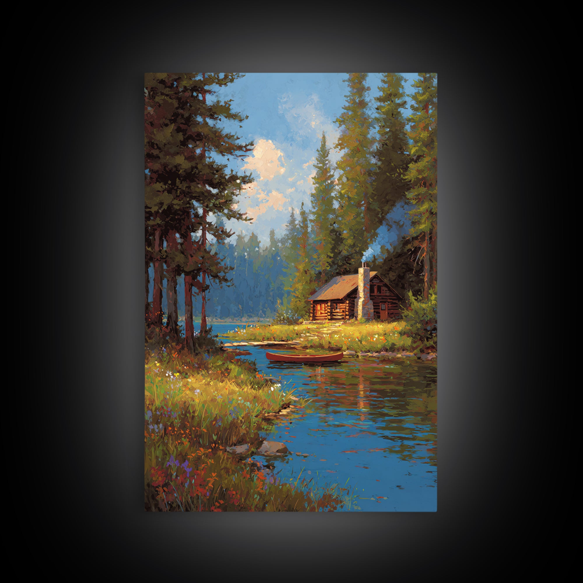 Cozy Cabin By Peaceful River Landscape Painting Canvas Print Natural Wall Art Decor Framed Canvas Print
