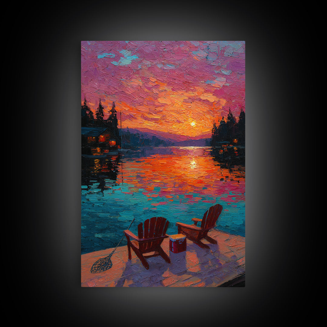 Vibrant Oil Painting Sunset Over Water With Adirondack Chairs And Cooler - Canvas Print For Cozy Wall Art And Relaxing Outdoor Home Decor