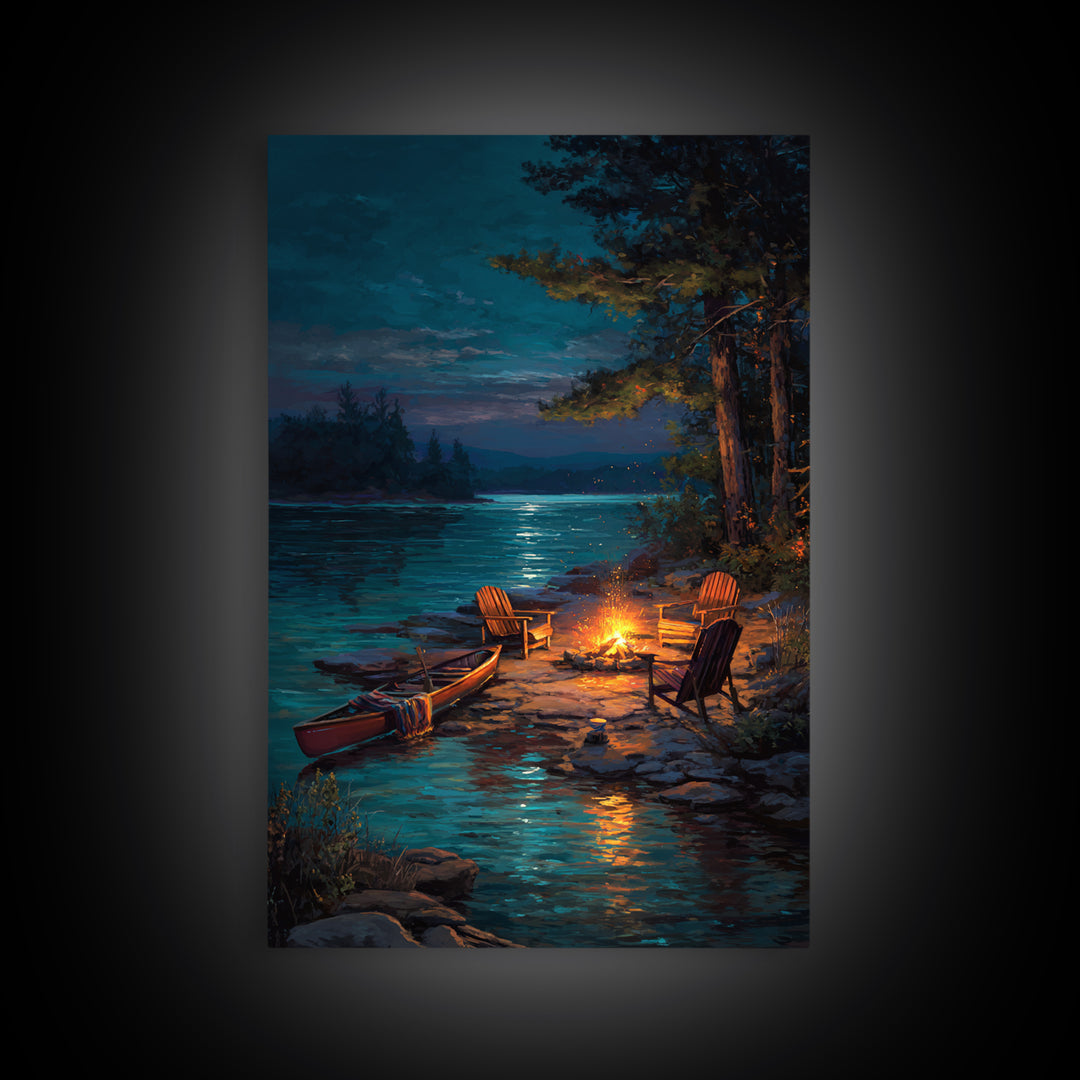 Peaceful Lakeside Campfire Scene Painting Wall Art Featuring Canoe And Adirondack Chairs Perfect For Cozy Living Room Decor