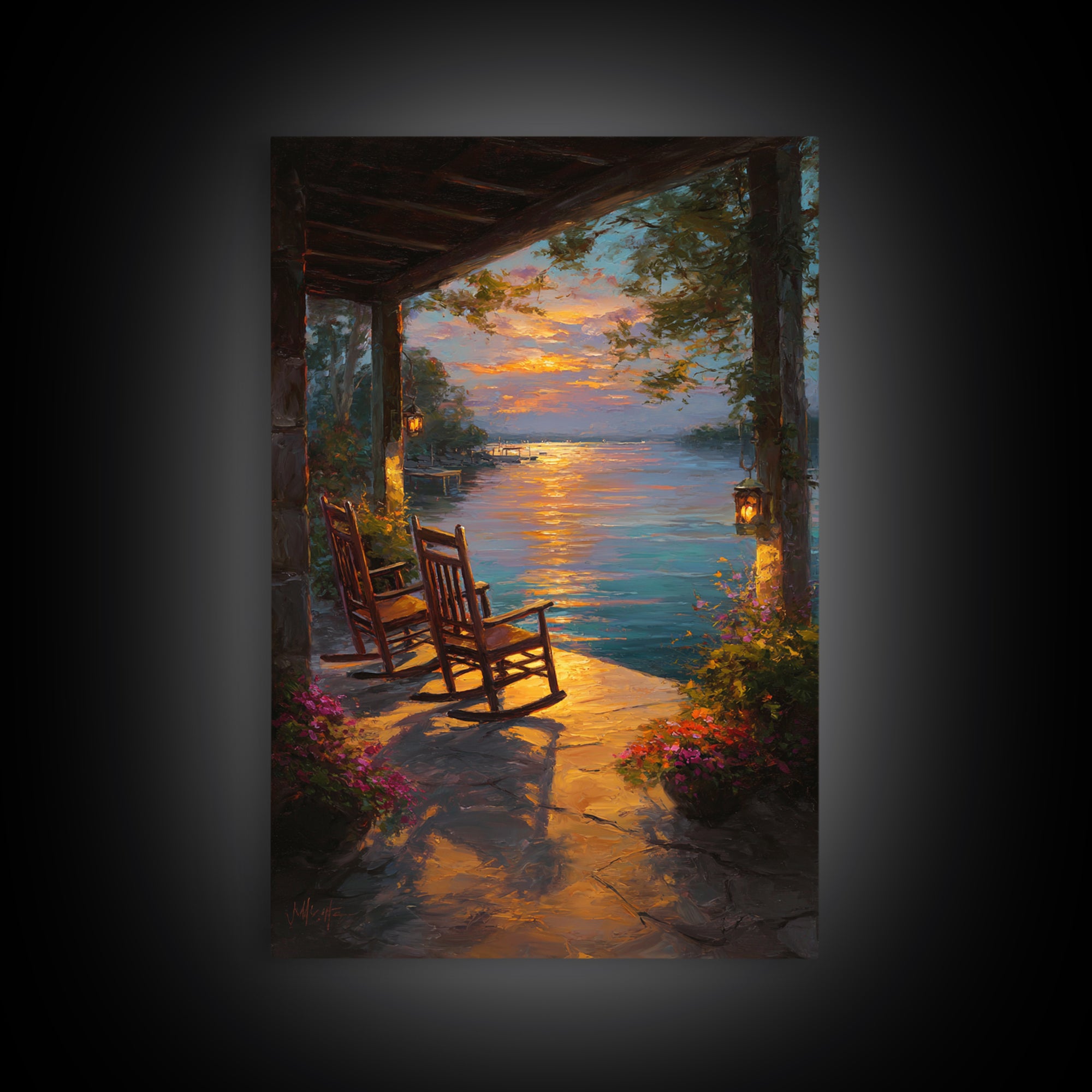 Peaceful Lakeside Porch Sunset With Rocking Chairs Oil Painting Wall Art Framed Canvas Print For Cozy Home Decor