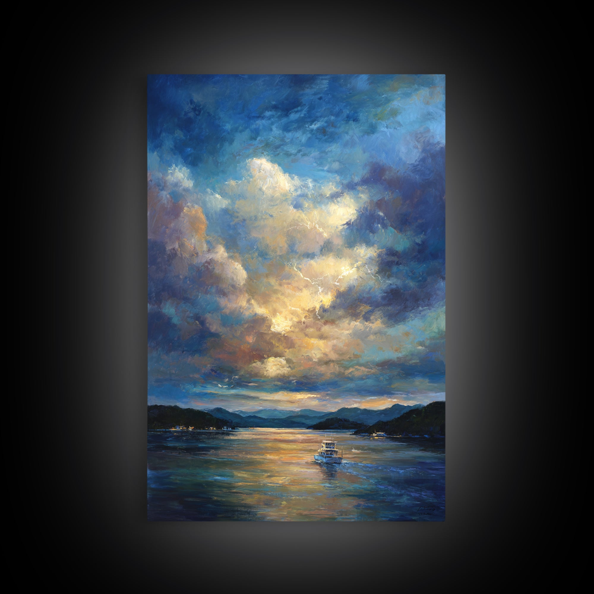 Sunlit Fishing Boat On Tranquil Lake Surrounded By Mountains Sunset Landscape Painting Wall Art Canvas Print