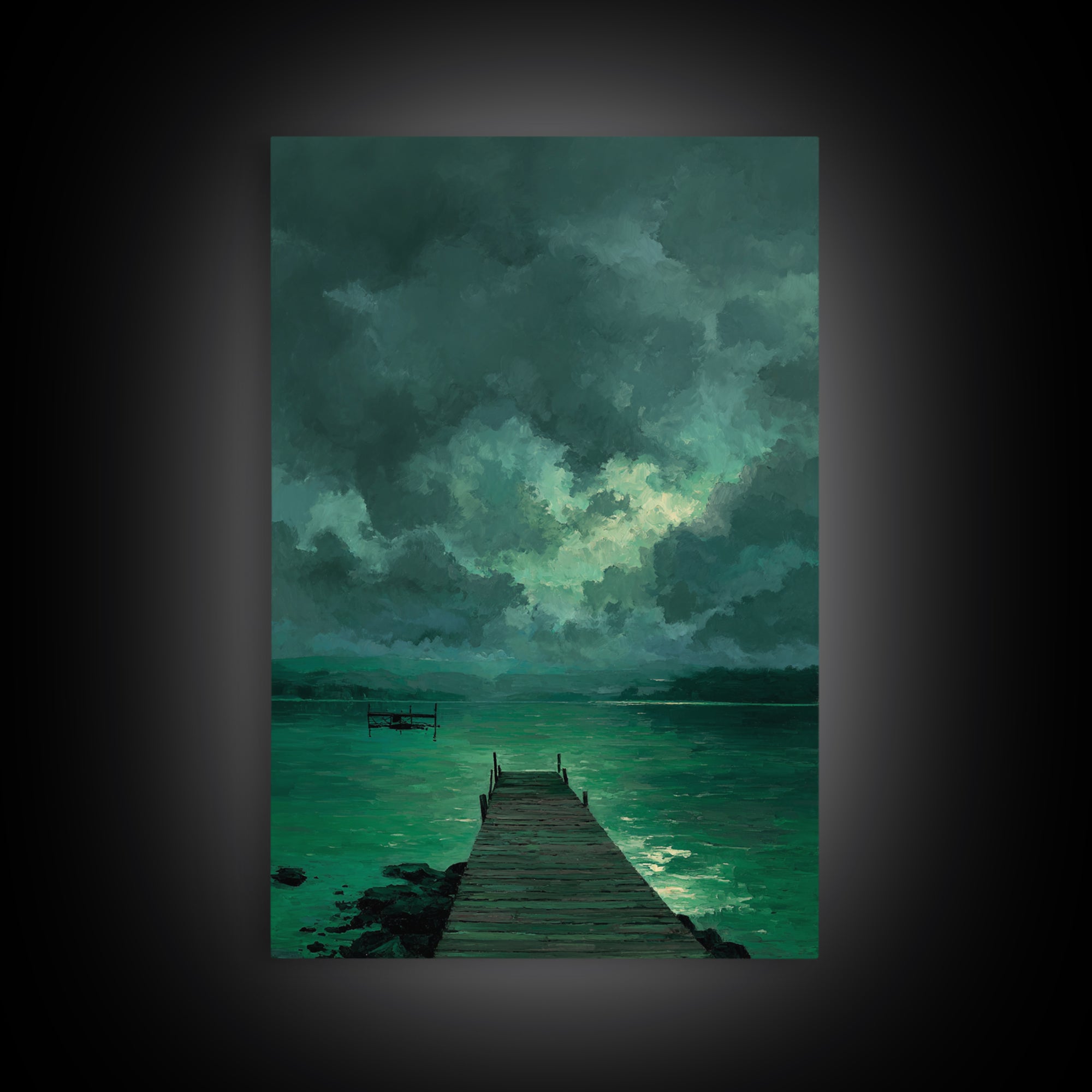 Moody Dock On Lake Under Stormy Sky Green Tones Abstract Wall Art Canvas Print Home Decor