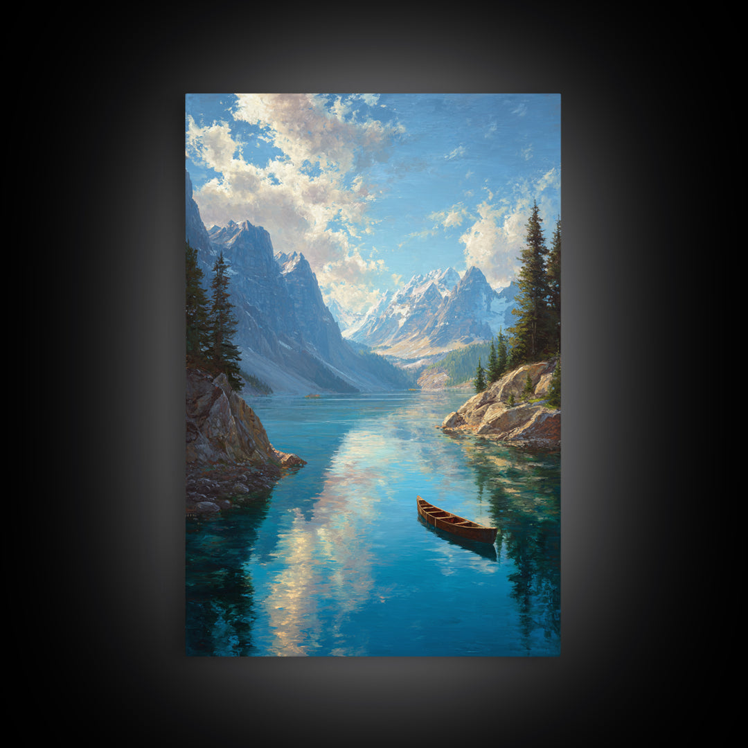 Majestic Mountain Lake Landscape Painting With Canoe In Foreground Vibrant And Serene Nature Scene Wall Art Print For Rustic Living Room Decor Canvas Print