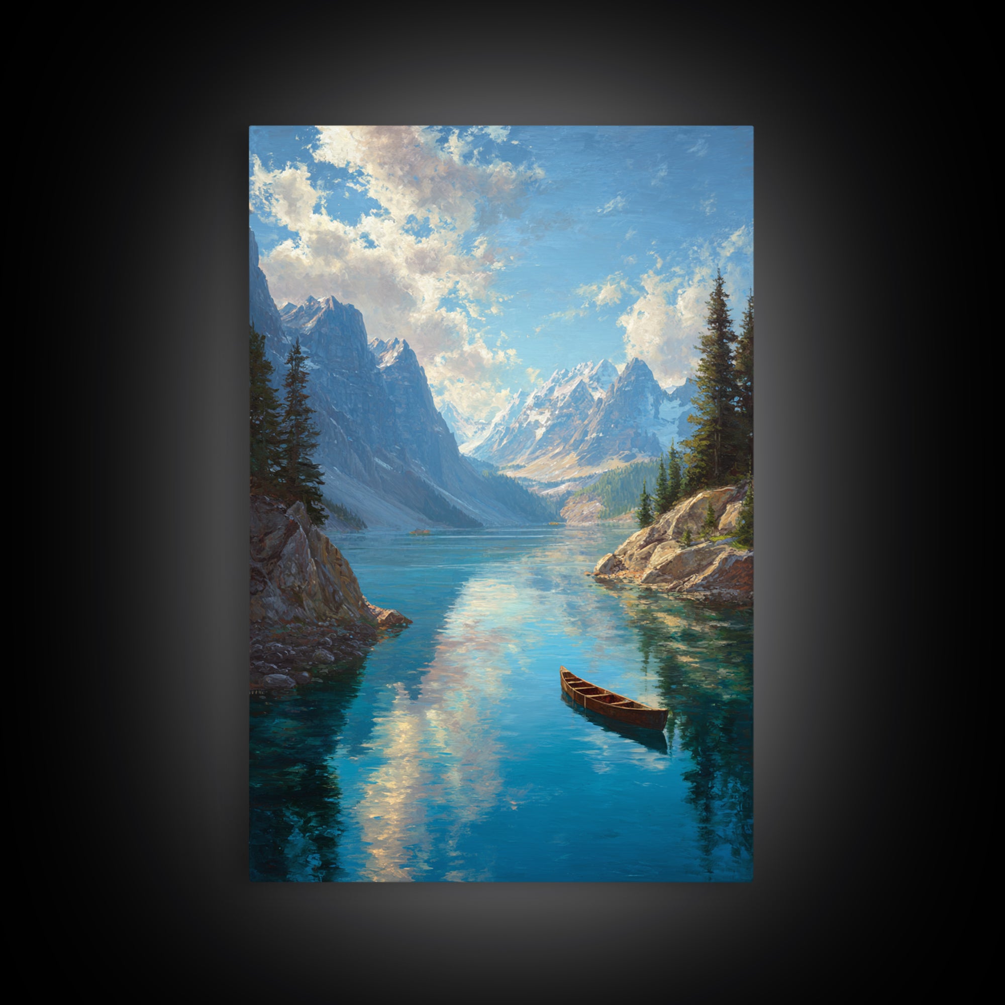 Majestic Mountain Lake Landscape Painting With Canoe In Foreground Vibrant And Serene Nature Scene Wall Art Print For Rustic Living Room Decor Canvas Print