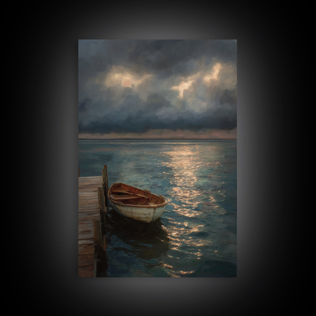 Serene Boat At Dock Under Dramatic Cloudy Sky Sunset Seascape Canvas Print For Coastal Living Room Decor Wall Art