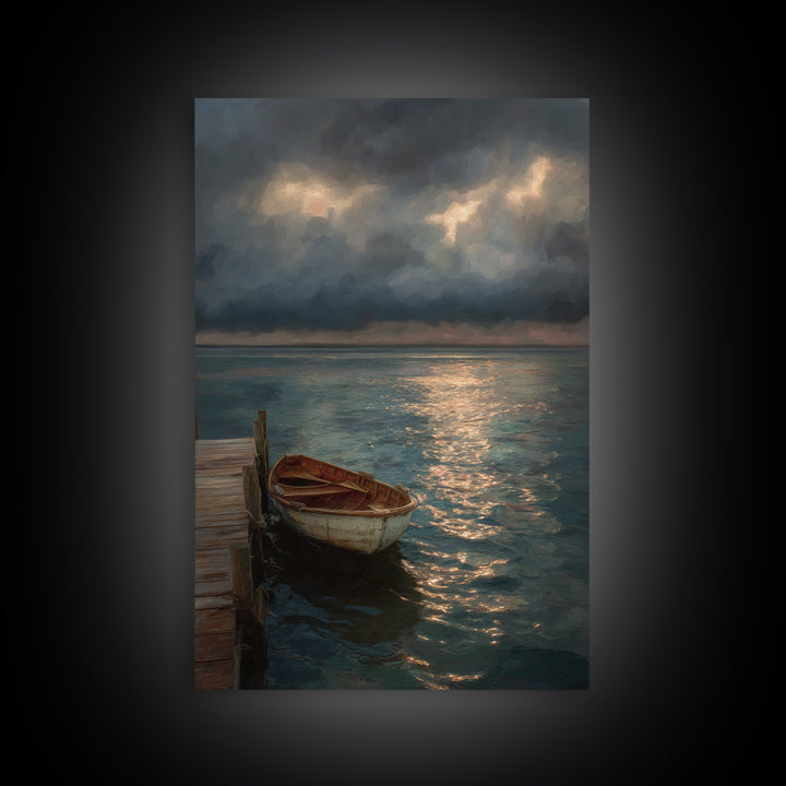 Serene Boat At Dock Under Dramatic Cloudy Sky Sunset Seascape Canvas Print For Coastal Living Room Decor Wall Art