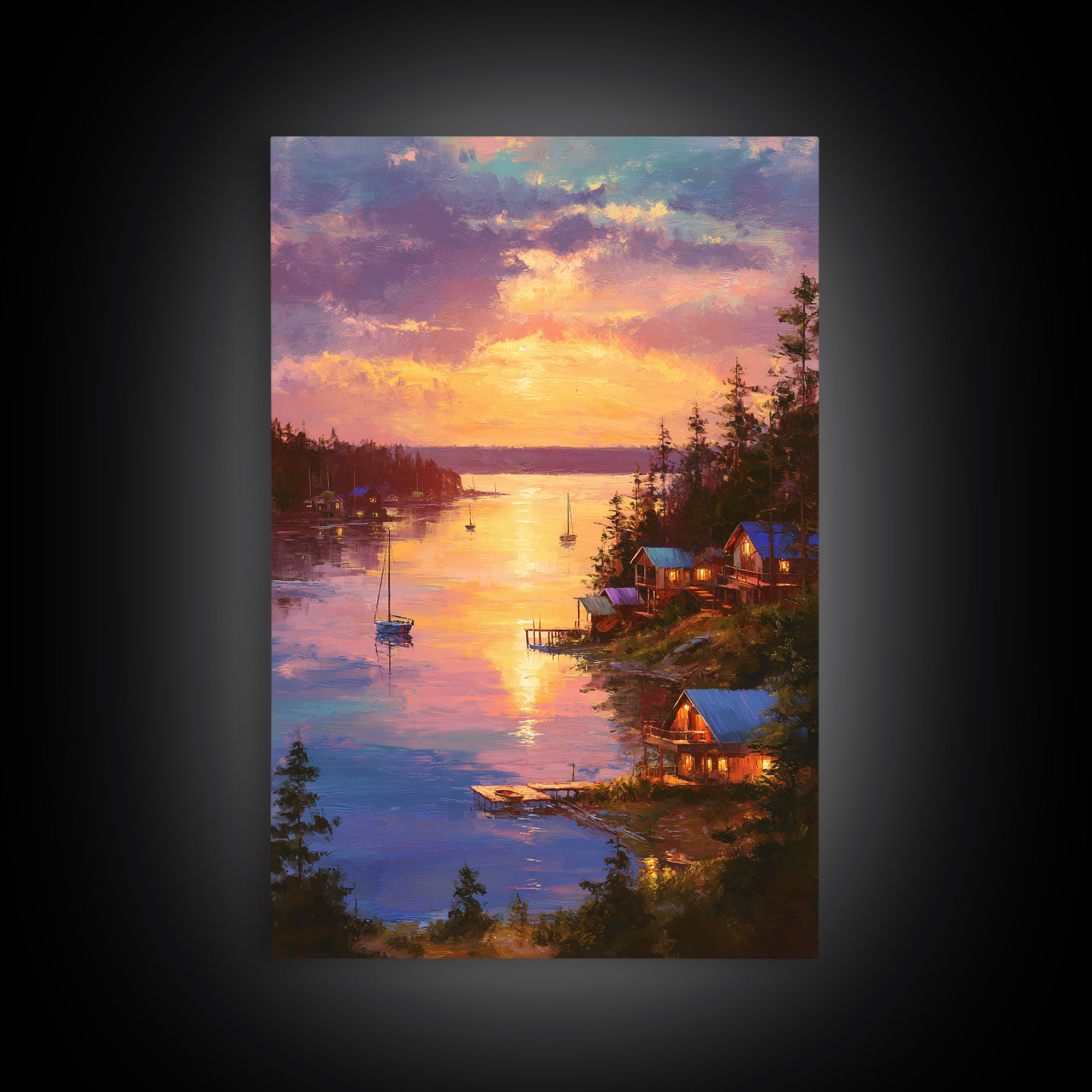 Sunset Lake House Fine Art Oil Painting Wall Art Framed Canvas Print Cozy Landscape Home Decor For Living Room