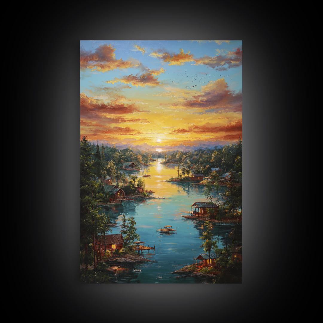 Peaceful Lakeside Village At Sunset Landscape Painting Framed Canvas Print Tranquil Wall Art For Rustic And Cozy Home Decor