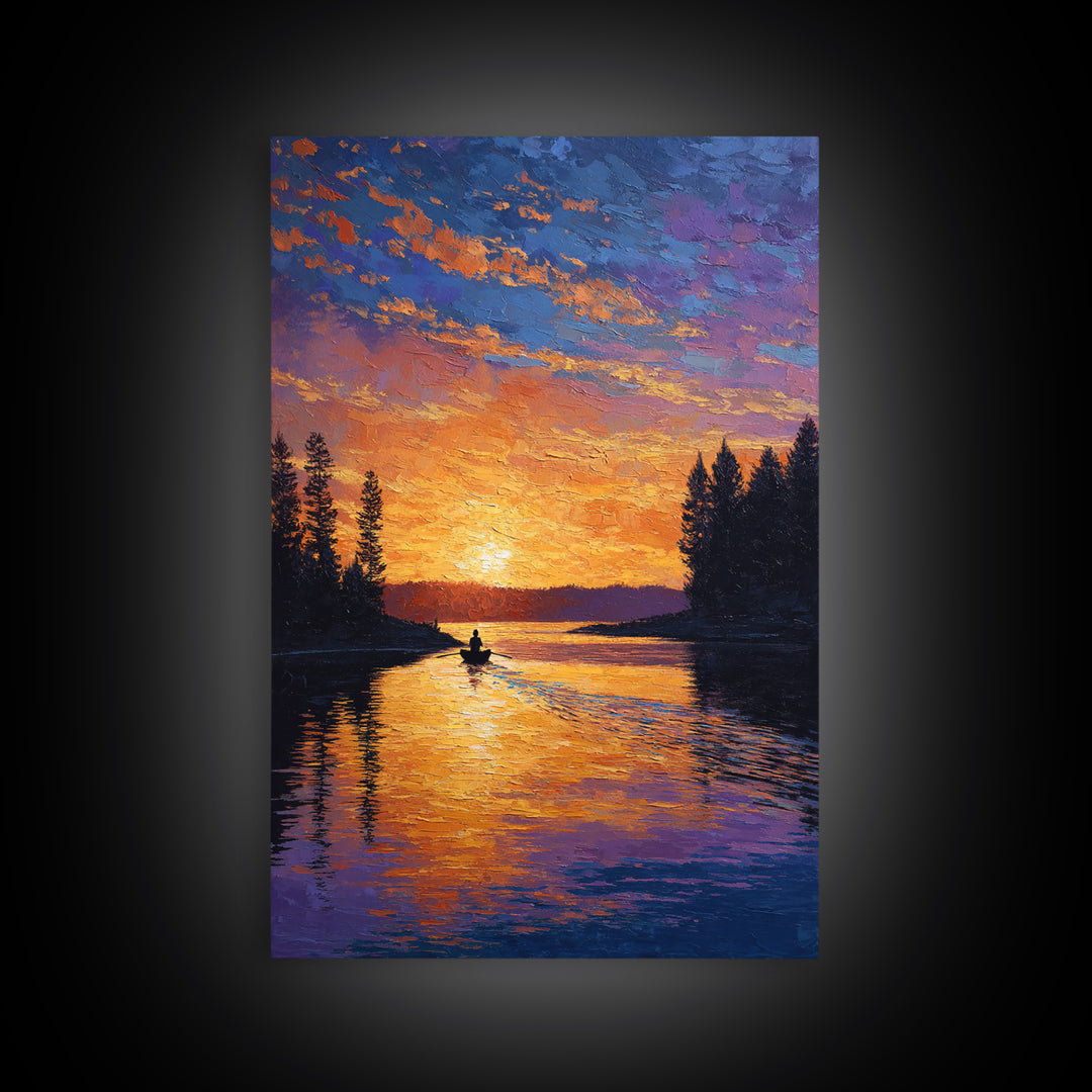 Vibrant Sunset Over Peaceful Lake With Lone Boatman Silhouette Wall Art Framed Canvas Print For Living Room Decor