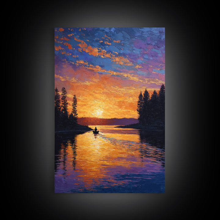 Vibrant Sunset Over Peaceful Lake With Lone Boatman Silhouette Wall Art Framed Canvas Print For Living Room Decor