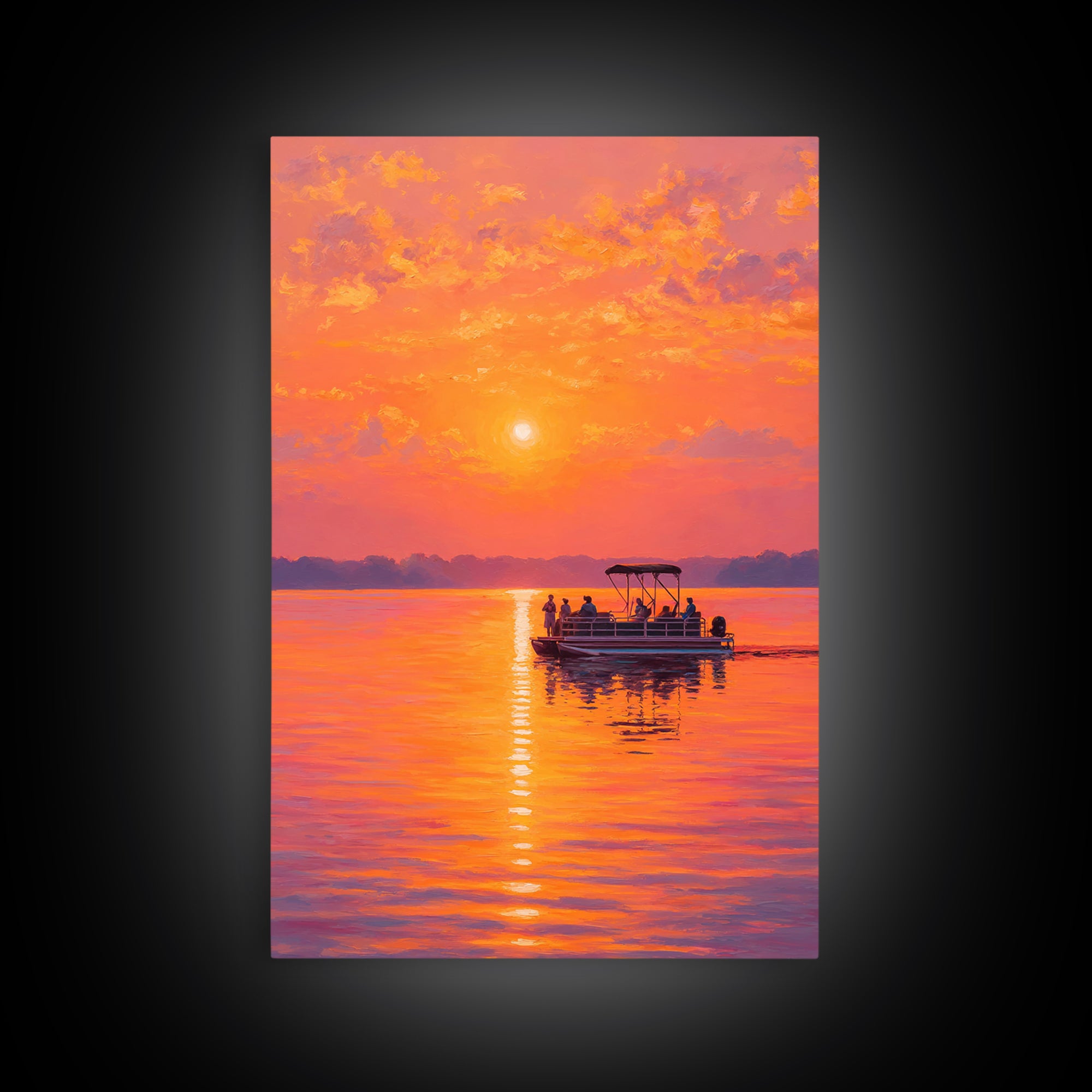 Sunset Boat On Calm Water Painting With Vibrant Orange Hues Capturing Peaceful Twilight Scene Large Wall Art Canvas Print For Living Room Decor And Gift