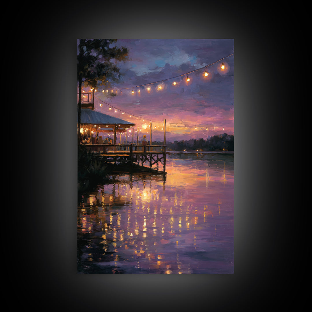 Sunset Pier Scene With Soft Glow And String Lights Romantic Evening Canvas Print Wall Art For Dining Room Living Room And Home Decor