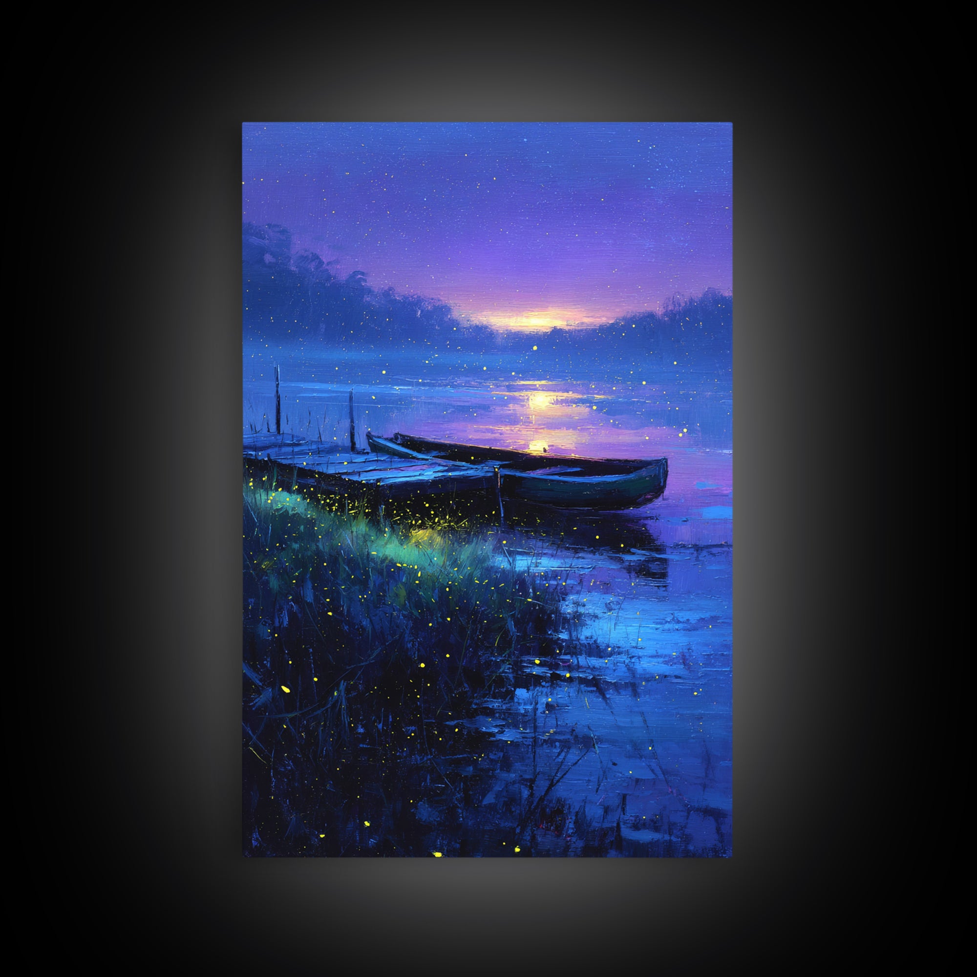 Serene Twilight Lake With Boats Painting Canvas Print Wall Art For Relaxing Home Decor Or Office Space Accent