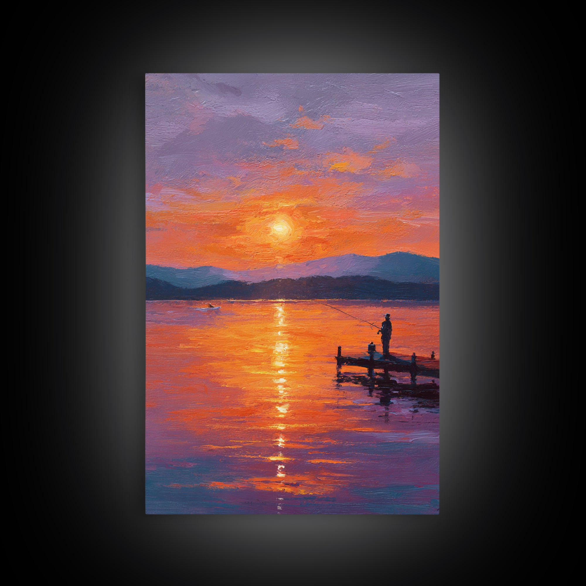 Peaceful Sunset Fishing Oil Painting Wall Art Framed Canvas Print For Living Room Decor And Rustic Home