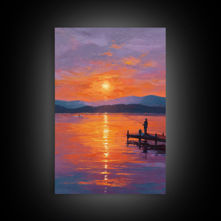 Peaceful Sunset Fishing Oil Painting Wall Art Framed Canvas Print For Living Room Decor And Rustic Home
