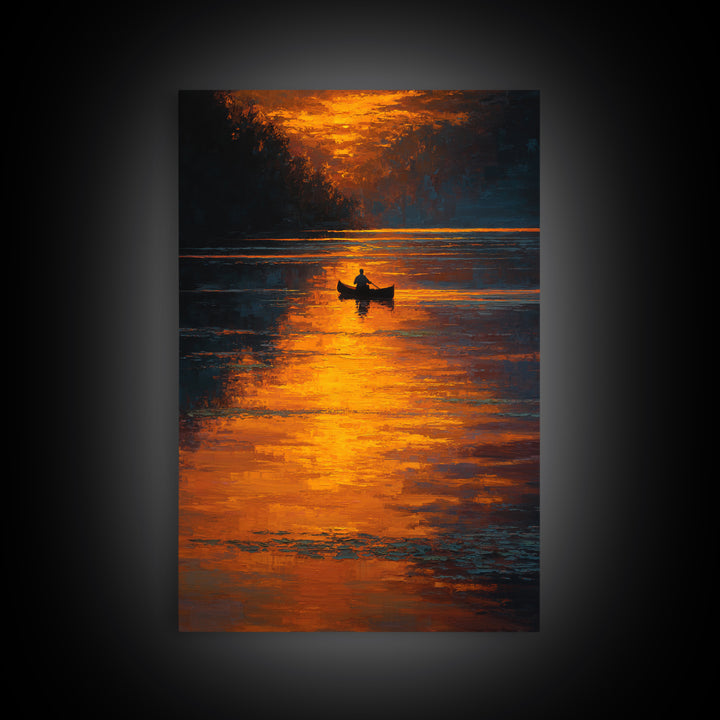 Serene Sunset Landscape With Boat On Calm Lake Oil Painting Canvas Print For Cozy Living Room Decor And Nature Wall Art