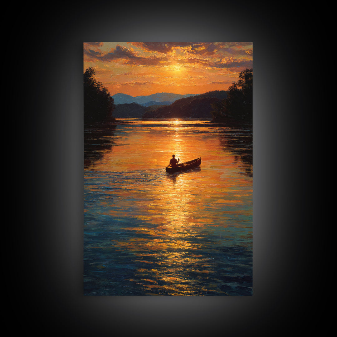 Tranquil Sunset Canoe Scene Oil Painting Wall Art Framed Canvas Print For Living Room Home Decor