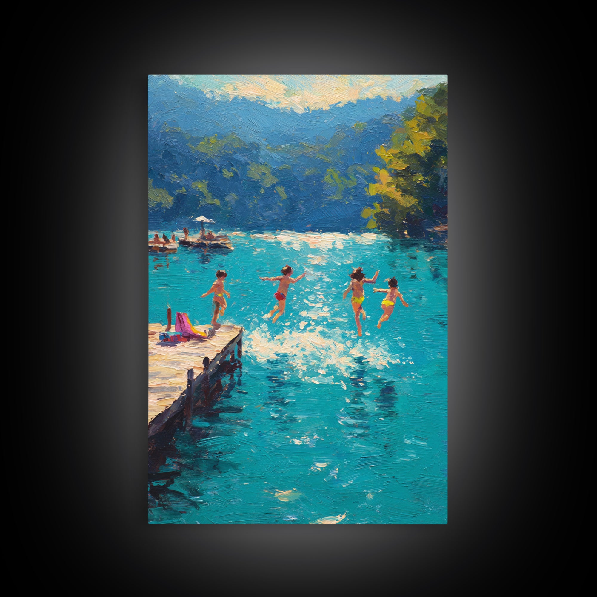 Children Jumping Into A Lake Summer Scene Painting Fine Art Canvas Print Relaxing Wall Art Decor